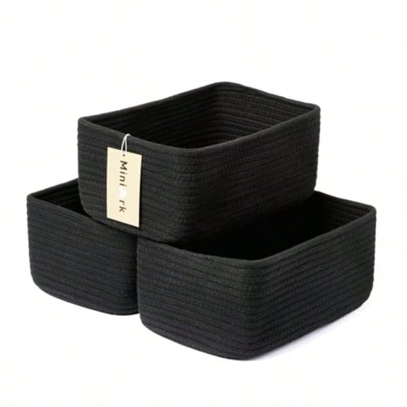 Small Storage Baskets for Organizing Closet Organizer Bins Shelf Toy Basket Woven Rope Baskets Cube Decorative Box Shallow Basket 11.5x7.5x4.7" 3 Packs Black