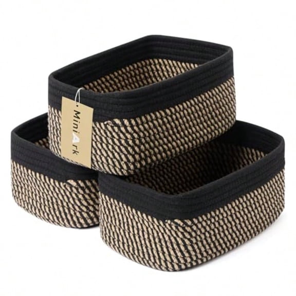 Small Storage Baskets for Organizing Closet Organizer Bins Shelf Toy Basket Woven Rope Baskets Cube Decorative Box Shallow Basket 11.5x7.5x4.7" 3 Packs Black Brown
