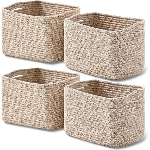 Small Storage Baskets for Shelves Organizing, Woven Cotton Rope Baskets for Storage, Book Basket, Decorative Shelf Basket, 12.5"Lx9.1''Wx7.9''H (4 Packs) Brown