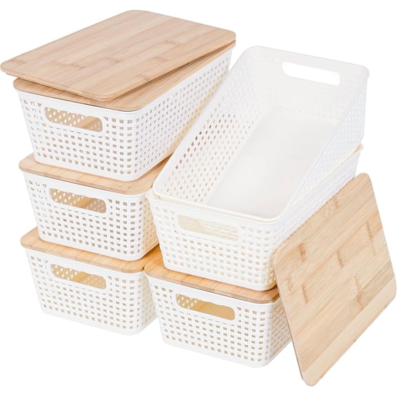 Small Storage Bins with Lids 6 Packs, Plastic Storage Basket with Bamboo Lid for Pantry Organization and Storage Containers for Shelves Drawers Desktop Closet Playroom Office Home, White