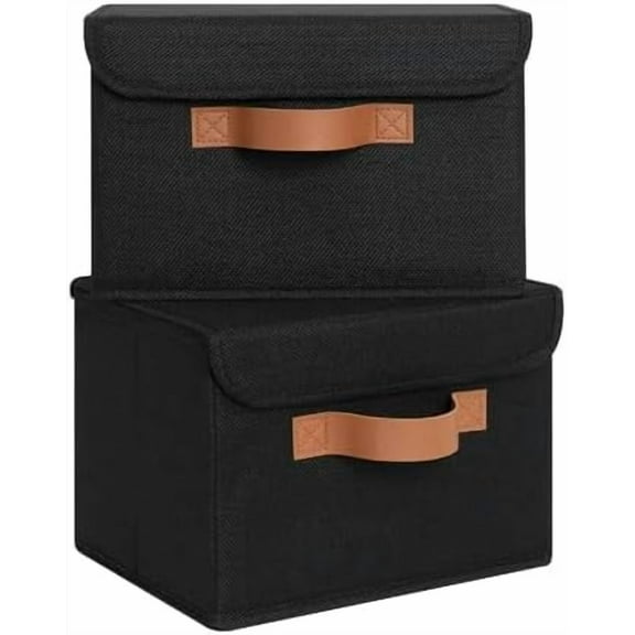 Small Storage Bins with Lids, Small Storage Boxes, Shelf Baskets for Shelf, Collapsible Storage Bins for Living Room, Bedroom, 10x8x7 Inch, Black, 2-Pack