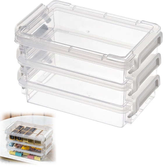 Small Storage Box White, Souew 3 Boxes + 1 Lid 16x10cm Plastic Stackable Container, Spring Organization for Home, School & Scrapbook Supplies, Portable & Clear