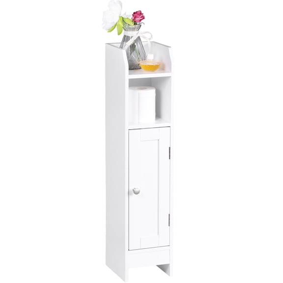 Small Storage Corner Floor Cabinet with Door, 7.9 x 7.1 x 31.5 Inches, Narrow Toilet Paper Storage Holder, Adjustable Shelves, for Bathroom, Living Room, Small Spaces, Cloud White