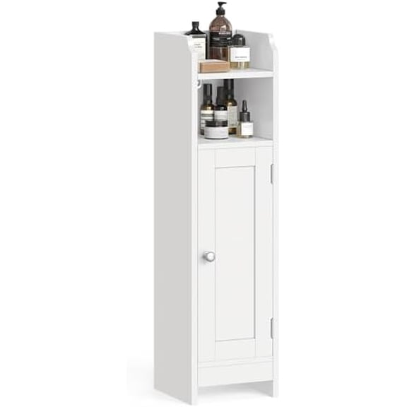 Small Storage Corner Floor Cabinet with Door, 7.9 x 7.1 x 31.5 Inches, Narrow Toilet Paper Storage Holder, Adjustable Shelves, for Bathroom, Living Room, Small Spaces, Cloud White UBBC310W01