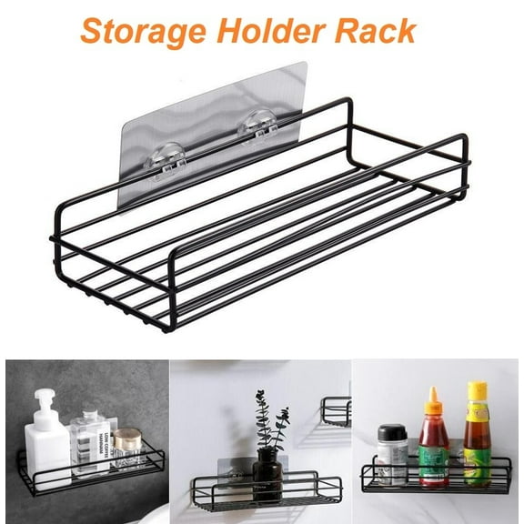 Small Storage Metal Holder Rack Wall Mounted Drill Free Shelf Rack Storage Wall Shelves for Bathroom Kitchen Space Saving, Black