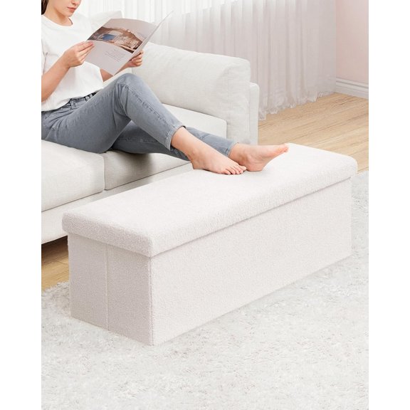 Small Storage Ottoman Cube Sherpa Foot , Foldable Boucle , White 43.3x15x15