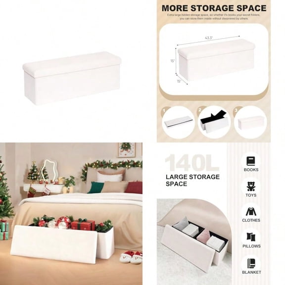 Small Storage Ottoman Cube Sherpa Ottomans Foot Rest Foldable Boucle Ottoman Bench Faux Teddy Fur Cream White 43.3x15x15