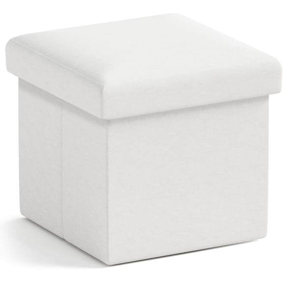 Small Storage Ottoman Foldable Collapsible Cube Square Linen Ottoman Foot Rest Stool Seat, for Living Room, Bedroom, Home Office, Dorm - 12 x 12 x 12, White