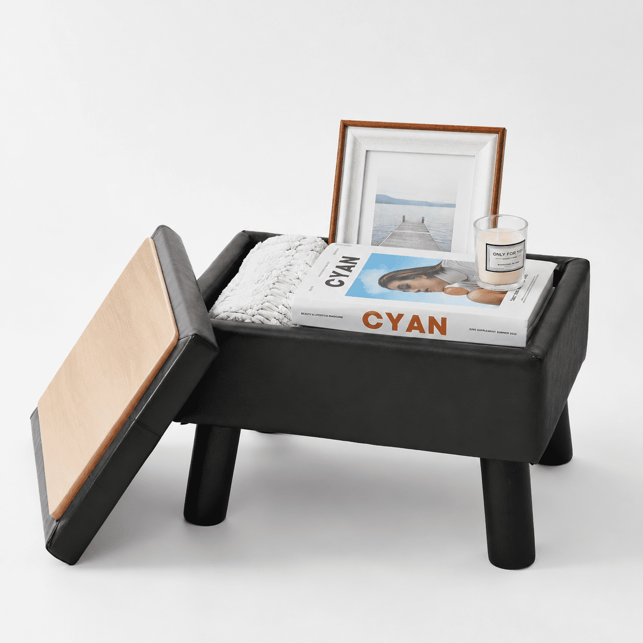Small Storage Ottoman, Jet Black Faux Leather Foot Stool with Wood ...
