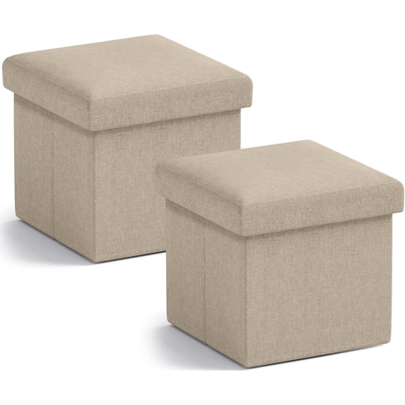 Small Storage Ottoman, Set of 2 Foldable Collapsible Cube Square Linen Ottoman Foot Rest Stool Seat, for Living Room, Bedroom, Home Office, Dorm - 12 x 12 x 12, Taupe