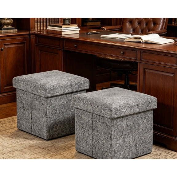 Small Storage Ottoman, Set of 2 Foldable Collapsible Cube Square Linen Ottoman Foot Rest Stool Seat for Living Room, Bedroom, Home Office, Dorm, 12"x12"x12", Gray