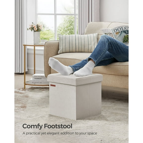 SONGMICS Small Storage Ottoman,Storage Chest, Foot Rest, 15 x 15 x 15 Inches, 660 lb Load Capacity Cream White