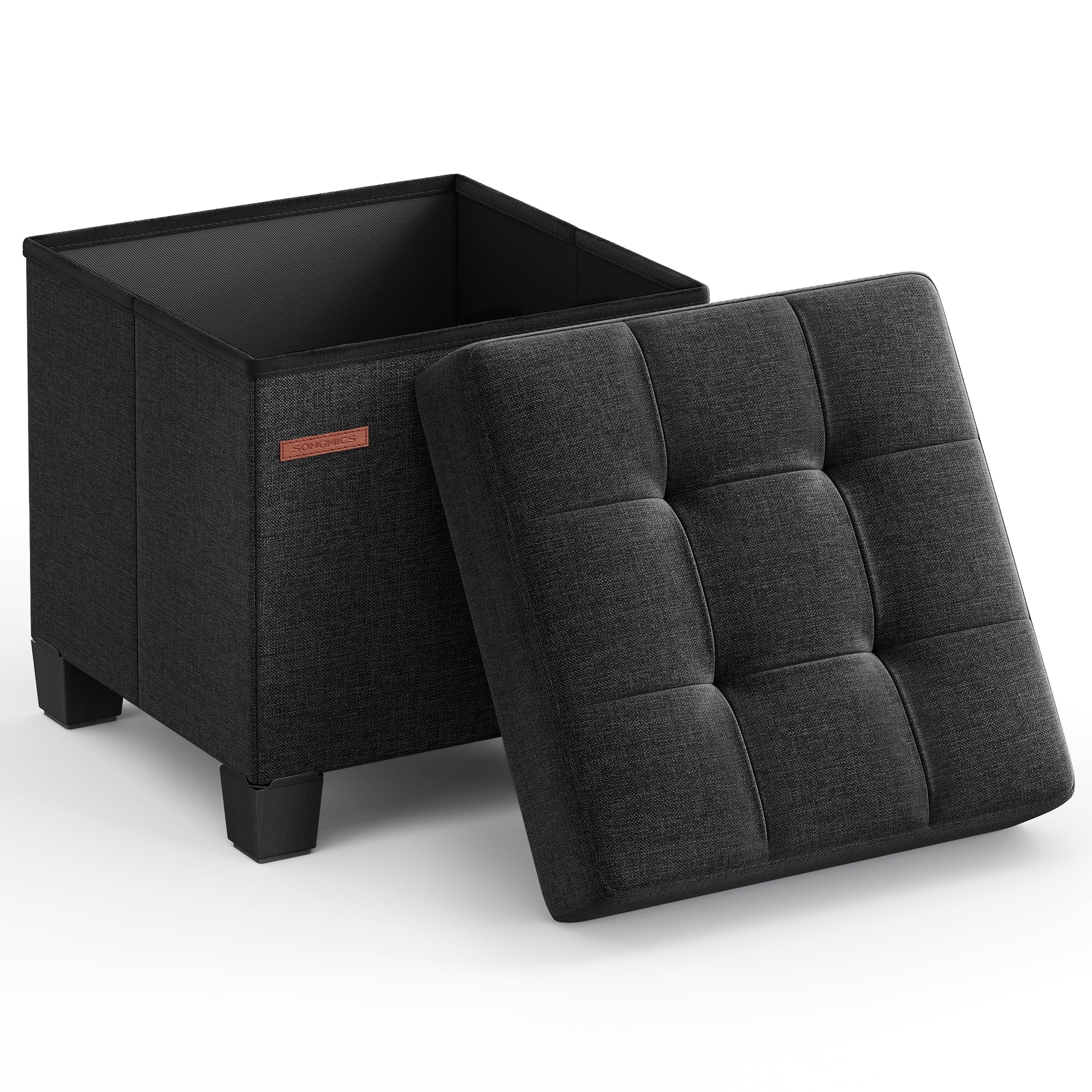 Small Storage Ottoman with Legs - 15" Cube Foot Rest, 660 lb Capacity, Linen-Look Fabric, for Living Room/Bedroom, Ink Black