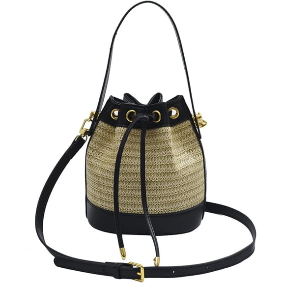 Small Straw Bag Drawstring Bucket Crossbody for Women Canvas Leather Shoulder Bag Bohemian Tote Messenger Purse Totes