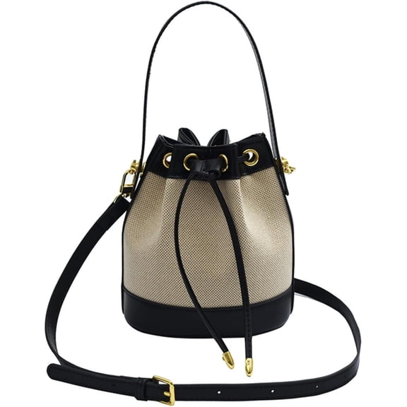 Small Straw Bag Drawstring Bucket Crossbody for Women Canvas Leather Shoulder Bag Bohemian Tote Messenger Purse Totes