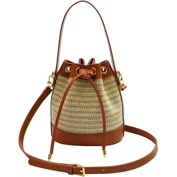 Small Straw Bag Drawstring Bucket Crossbody for Women Canvas Leather Shoulder Bag Bohemian Tote Messenger Purse Totes