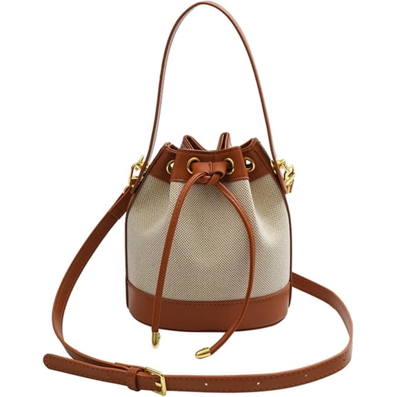 Small Straw Bag Drawstring Bucket Crossbody for Women Canvas Leather Shoulder Bag Bohemian Tote Messenger Purse Totes
