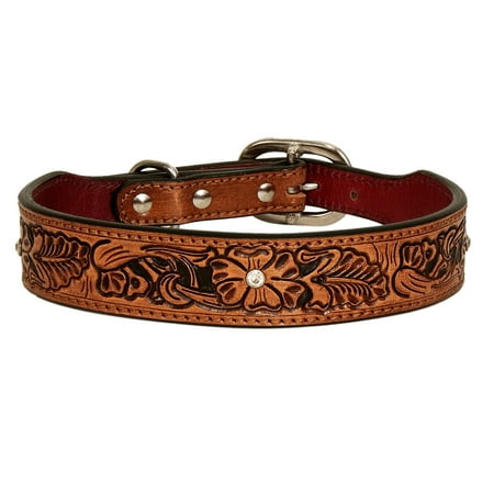Small Strong Genuine Leather Dog Collar Hand Tooled Hilason