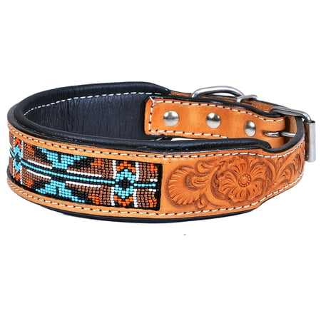 Small Strong Genuine Leather Dog Collar Padded Beaded Hilason