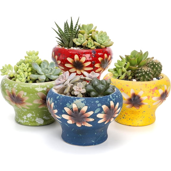 Small Succulent Planters Set of 4, 4 Inch Hand Crafted Ceramic Plant Pots with Drainage, Colorful Decorative Flower Cactus Pots for Indoor Plants, Desk, Windowsill, Home, Office$$Garden & Patio