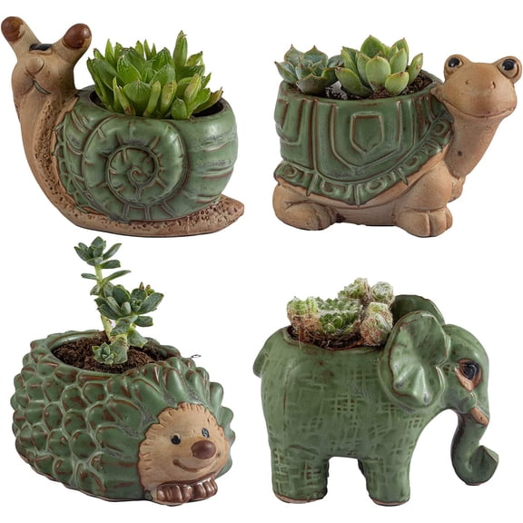Small Succulent Pots with Drainage, Indoor/Outdoor Ceramic Animal Planter, Cute Cactus/Bonsai Small Flower Pots for Home Decor and Office Desk Decoration, A Set of 4 Pieces is Suitable as A Gift