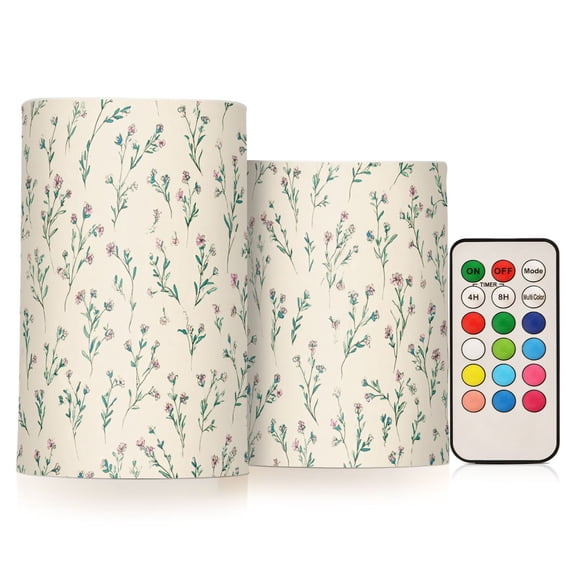 Small Summer Flowers Flickering Flameless Candles Battery Operated with Remote Timer LED Pillar Candles Set of 2
