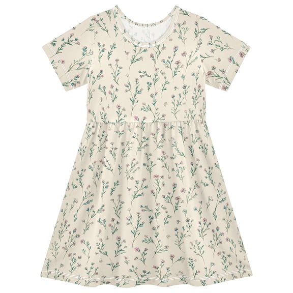 Small Summer Flowers Short Sleeve Dress A-Line Cute Midi Casual Sundress 2-8 Years
