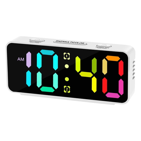Small Super Loud Alarm Clock for Heavy Sleepers, Plug-In Digital Clock with Large RGB Colorful Display, Adjustable Alarm Volume, Dimmer, Ideal for Bedroom, Kids, and Adults,White