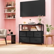 Small TV Stand, Black Dresser TV Stand for Bedroom, Entertainment Center for 45 Inch TV with Drawers, Fabric, Adjustable Feet, Living Room