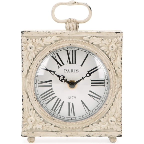 Small Table Clock with Handle, Silent Non-Ticking Shelf Desk Top Clock Battery Operated Vintage Rustic Design, Chic Home Decor for Fireplace Mantel, Desktop, Countertop, Distressed White