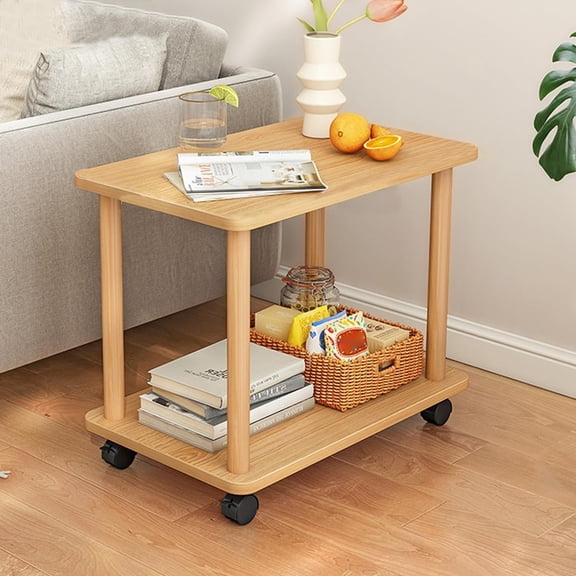Small Table,End Table,Solid Color Wooden Side Table 360 Degree Swivel Easy Assembly Side 2 Tier Open Shelf Sofa Small Tea Coffee Table with Wheels for Living Room Bedroom(from US Fast Arrival) Wooden