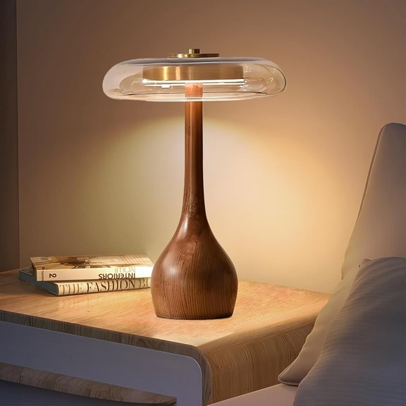 Small Table Lamp for Bedroom-Wooden Base Teardrop Mushroom Table Lamps, Glass Shade,LED Three Color Temperature Adjustable Brightness Modern LED Side Table and Desk Lighting(H 12.4 in)