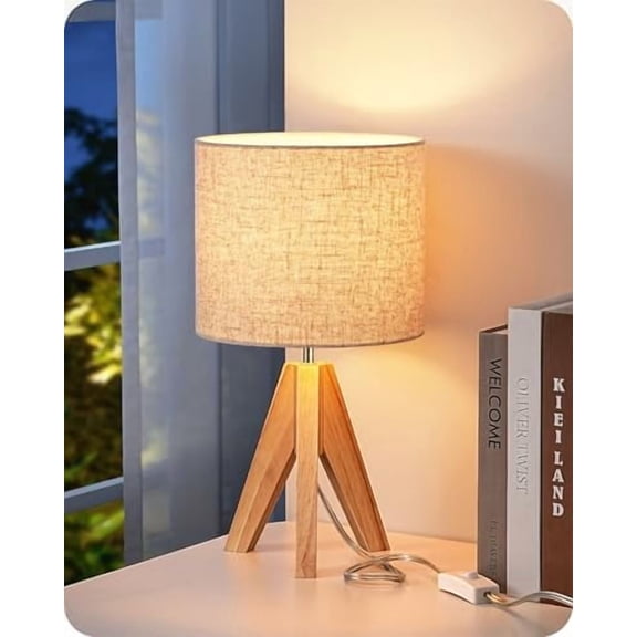 Small Table Lamp, Boho Bedside Lamp with Linen Fabric Shade, Wood Tripod Nightstand Lamp for Nursery, Living Room, Bedroom, Narrow End Table, UL Listed, 14.2 Inch, ON/Off Switch