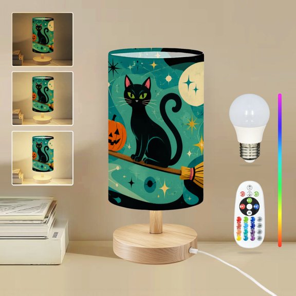 Small Table Lamp Dimmable Bedside Lamp with 16 Color Remote LED Bulb Atomic Black Cat Halloween Linen Shade Round Wood Base Desk Lamp for Bedroom Nursery