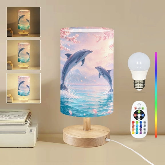 Small Table Lamp Dimmable Bedside Lamp with 16 Color Remote LED Bulb Dolphins Tranquil Linen Shade Round Wood Base Desk Lamp for Bedroom Nursery