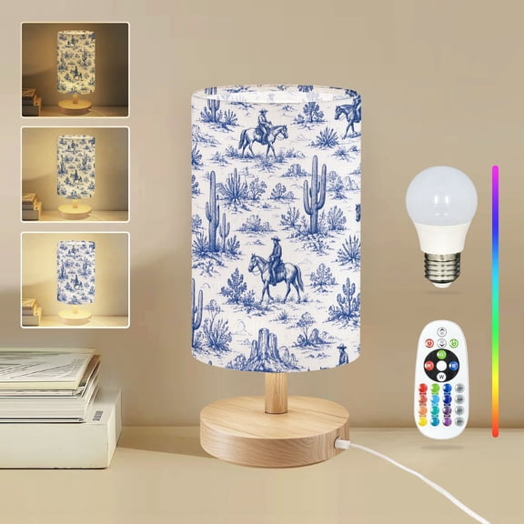 Small Table Lamp Dimmable Bedside Lamp with 16 Color Remote LED Bulb Western Cowboy Pattern Linen Shade Round Wood Base Desk Lamp for Bedroom Nursery
