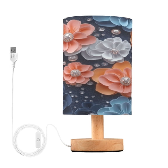 Small Table Lamp LED Bedside Nightstand Lamps with Fabric Shade Decor Desk Lamp for Living Room Bedroom Office Colorful Flower and Pearls