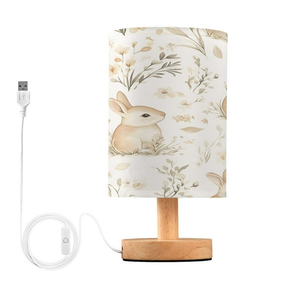Small Table Lamp LED Bedside Nightstand Lamps with Fabric Shade Decor Desk Lamp for Living Room Bedroom Office Watercolor Cute Rabbit and Flower