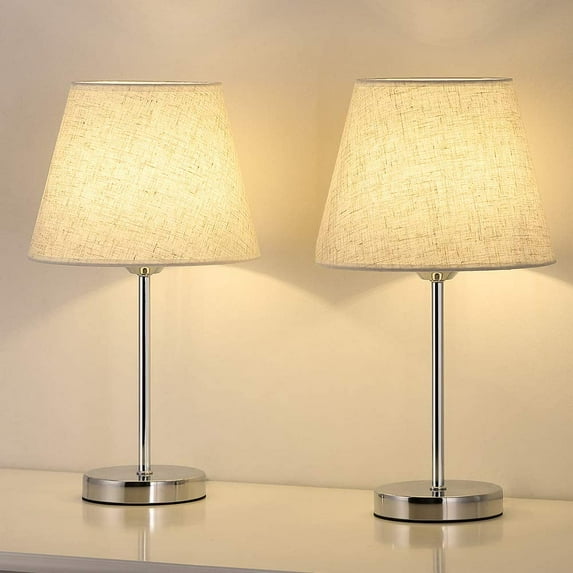 Small Table Lamp Set of 2, Bedside Desk Lamps, Silver Metal Lamps with Linen Fabric Shade