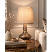 Small Table Lamp for Bedroom Living Room Simple Retro Wood Grain Farmhouse Bedside Lamps Suitable for Nightstand, Gift, Teardrop, Gray Distress