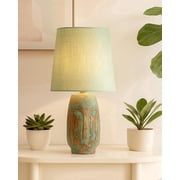 Small Table Lamp for Bedroom Living Room Simple Retro Wood Grain Farmhouse Bedside Lamps Suitable for Nightstand, Gift, Teardrop, Green Distress