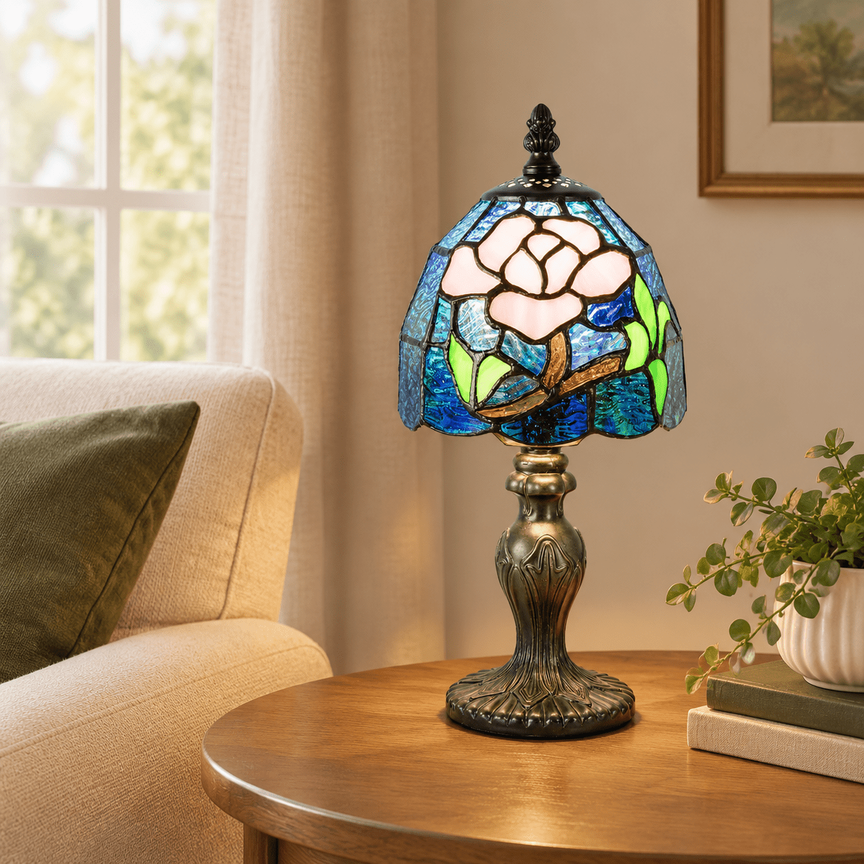 Small Table Lamp with Blue Roses Stained Glass Shade, 3 Color ...