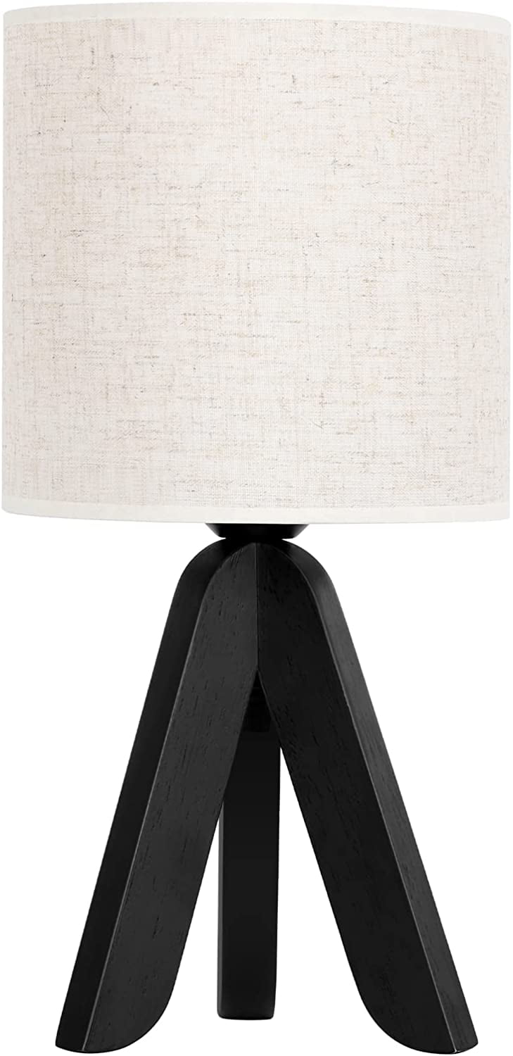 Small Table Nightstand Lamp with Black Wooden Tripod Base, Linen Shade