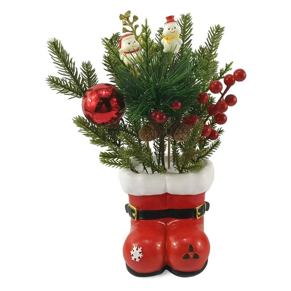 Small Tabletop Christmas Tree Christmas Table Decoration in Ceramic Santa Claus Boost,Mini Desk Potted Artificial Christmas Tree Plant with Christmas Ball Pine Cone, Holiday Centerpiece, Red