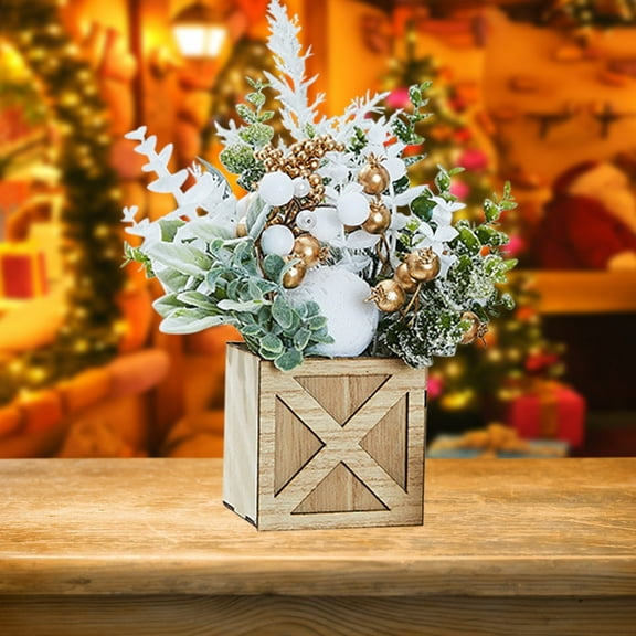 Small Tabletop Christmas Tree with Ornaments,Artificial Snowy Eucalyptus Potted Plant,Fake Berries Greenery Leaves Bouquet for Tabletop Centerpieces,Bonsai Plant Home Office Decorations Ornaments