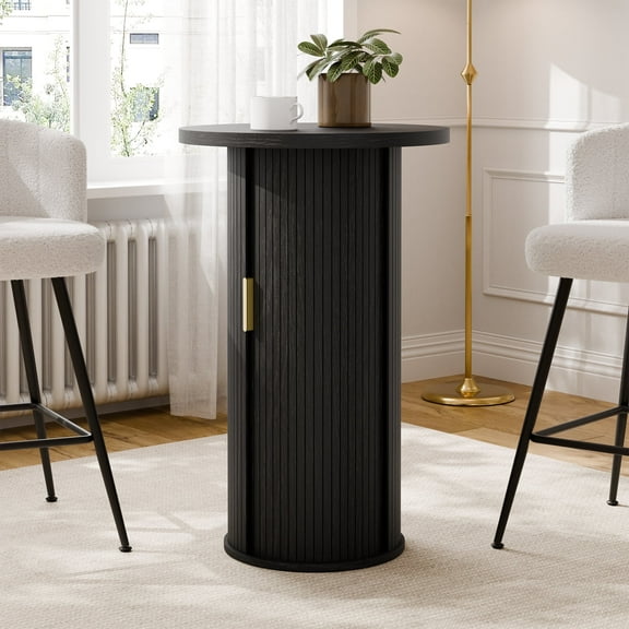 36" Tall Round Bar Table, Black Tambour Dining Table with Three-Layer Storage Shelf for Balcony, Kitchen, Living room