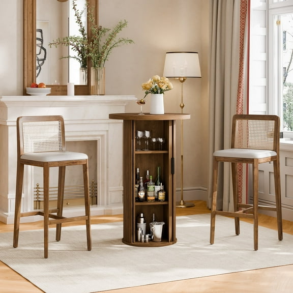 36" Tall Round Bar Table, Tambour Dining Table with Three-Layer Storage Shelf for Balcony, Kitchen, Living room