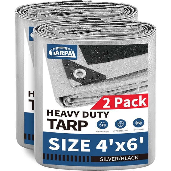 Small Tarps 4x6 Feet(2-Pack) Heavy Duty Tarp 10.5Mil Multipurpose Protective Cover Waterproof,Snow or UV Protection,Durable Reinforced Edges,Silver/Black