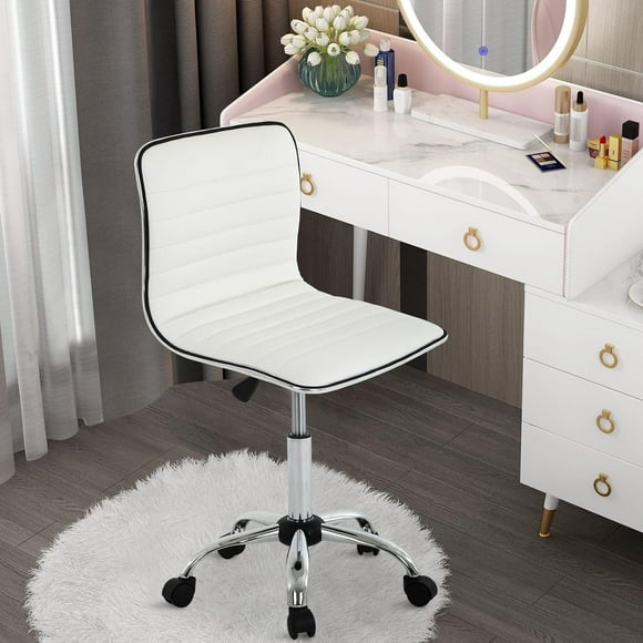Women's Small Task Chair - Low Back Armless PU Leather Office Chair with Wheels, Rolling Vanity Seat