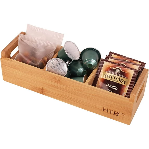Small Tea Bag Holder by HTB, Bamboo Tea Organizer 3 Compartments for Beverage Suppliers, Sugar, Sweeteners, Individual Packets, Portable Tea Bag Organizer for Home Kitchen Counter or Office